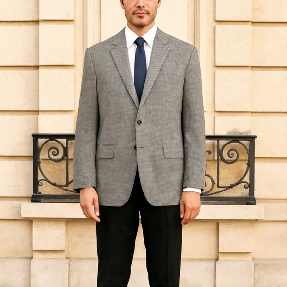 Joseph & Feiss Gold 48L Houndstooth Wool Blazer Classic Dinner Jacket Sportcoat - Picture 1 of 9